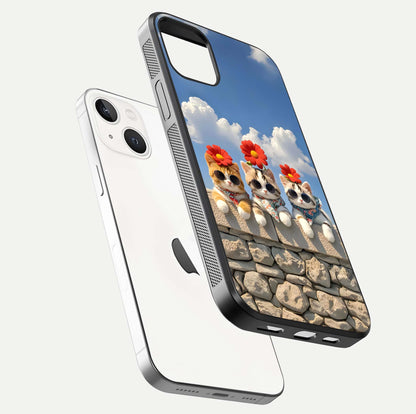 Floral Kitty Squad Glass Case for iPhone 14 floating mockup showing gloss texture and playful charm