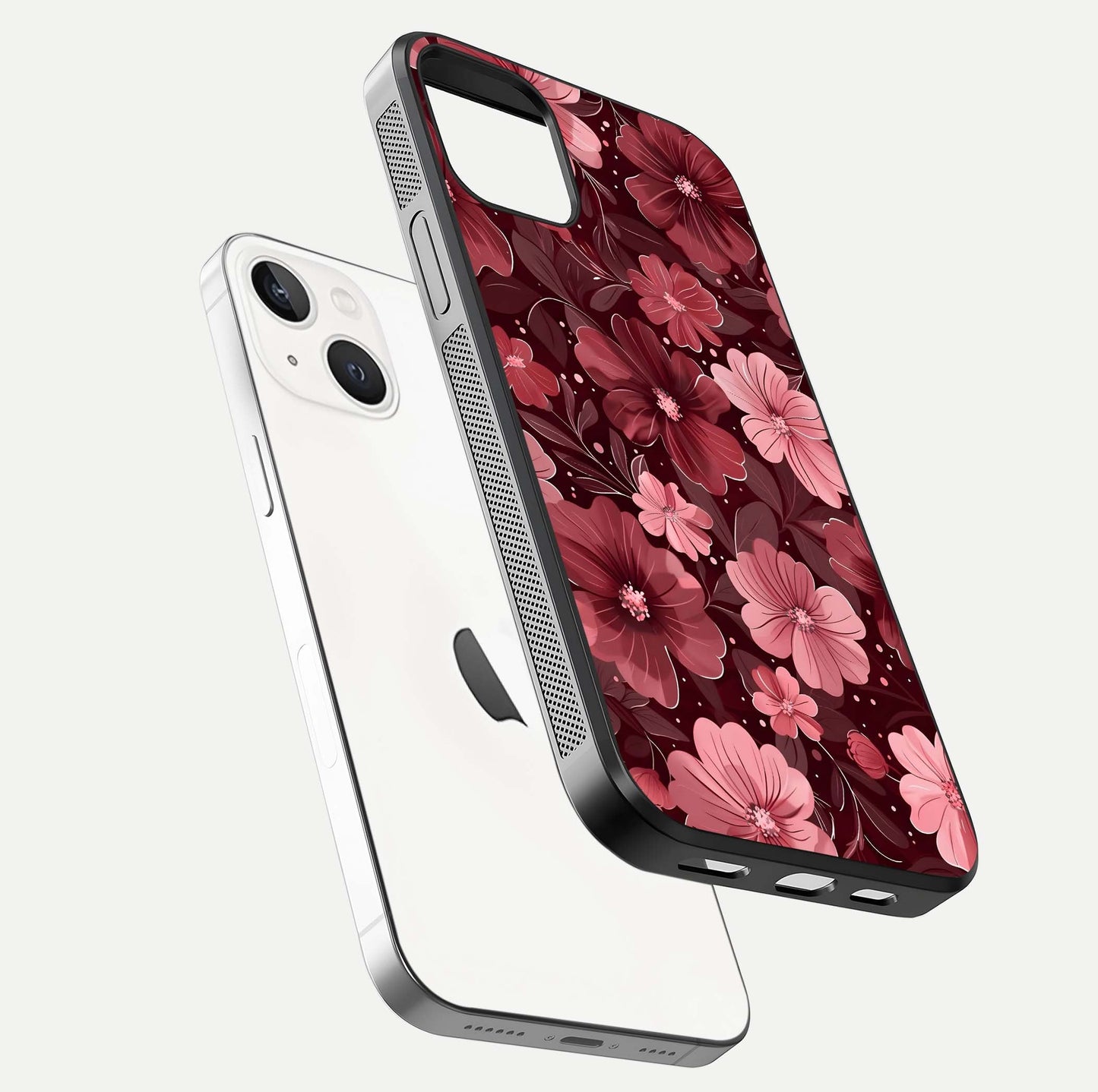 Flower Blush Bloom Glass Case for iPhone 14 floating mockup showing shine polish and elegant look