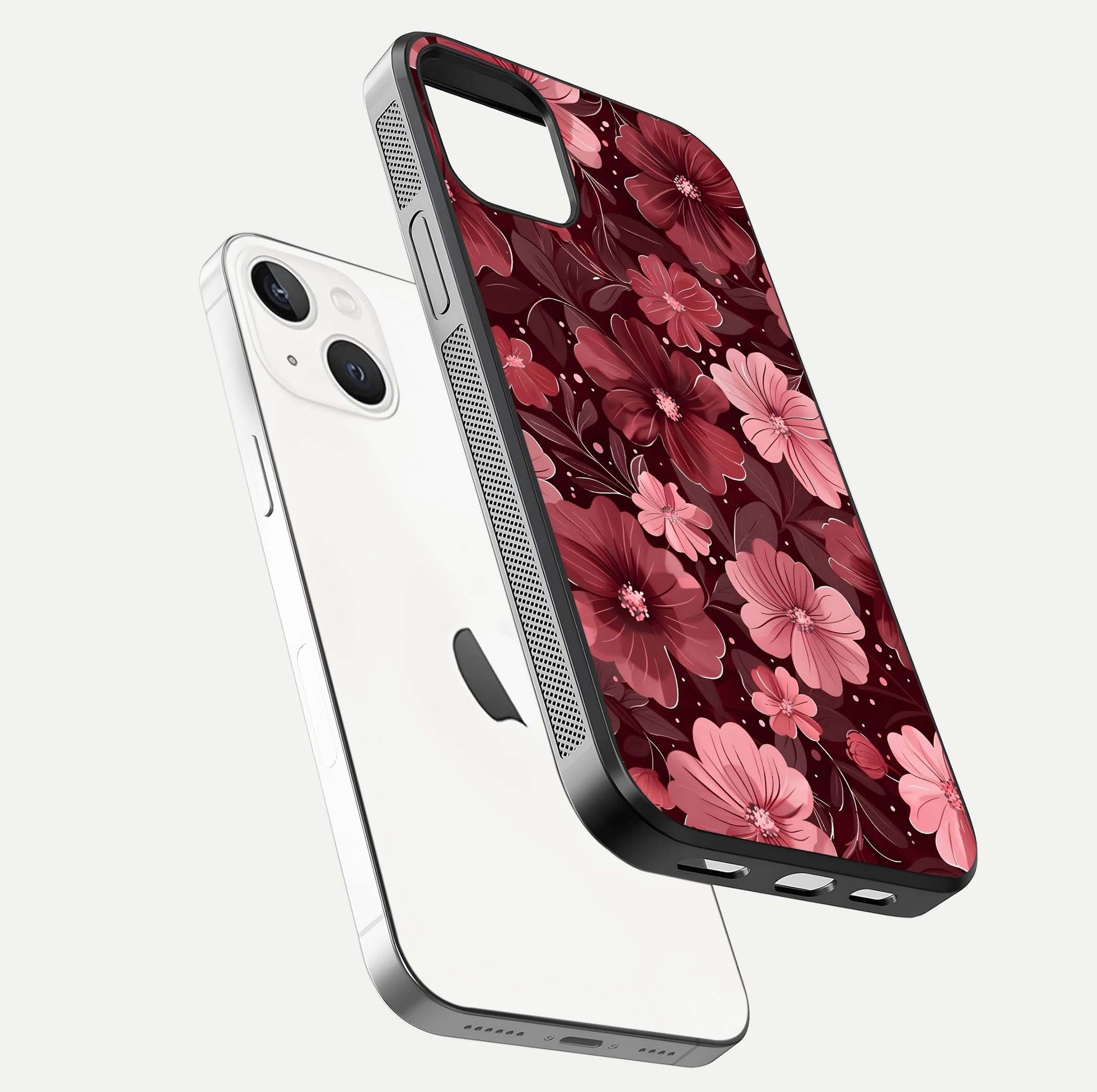 Flower Blush Bloom Glass Case for iPhone 14 floating mockup showing shine polish and elegant look