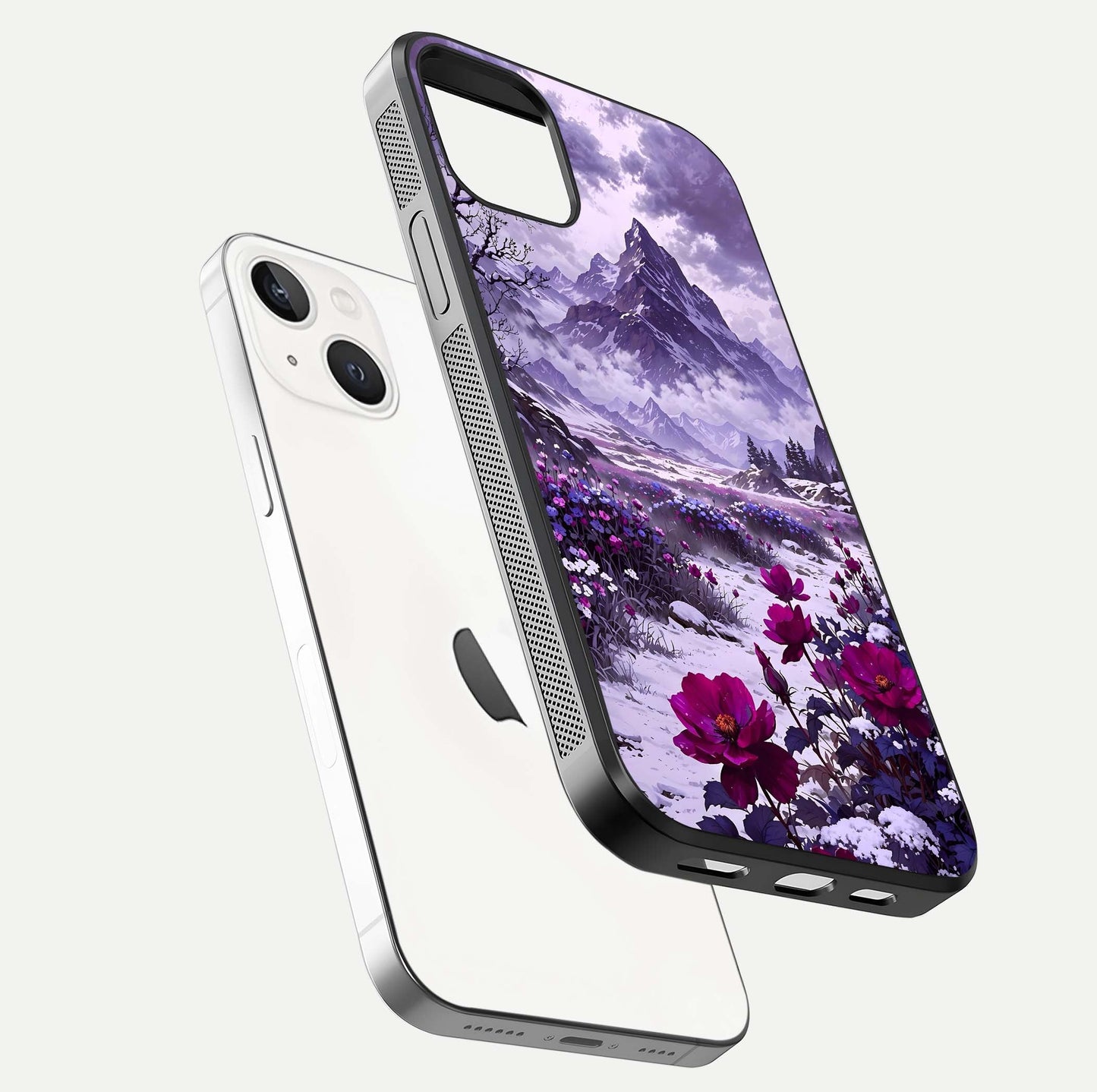 Flower Mountain View Glass Case for iPhone 14 floating mockup showing reflection glow and artistic clarity