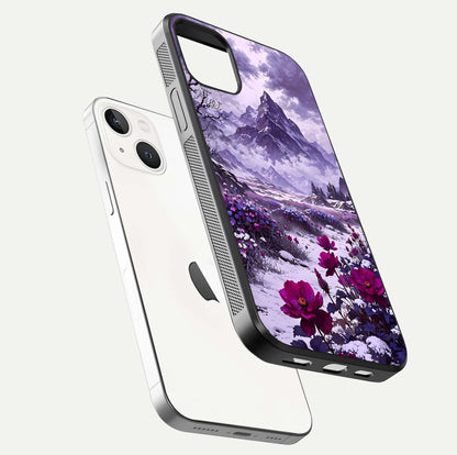 Flower Mountain View Glass Case for iPhone 14 floating mockup showing reflection glow and artistic clarity