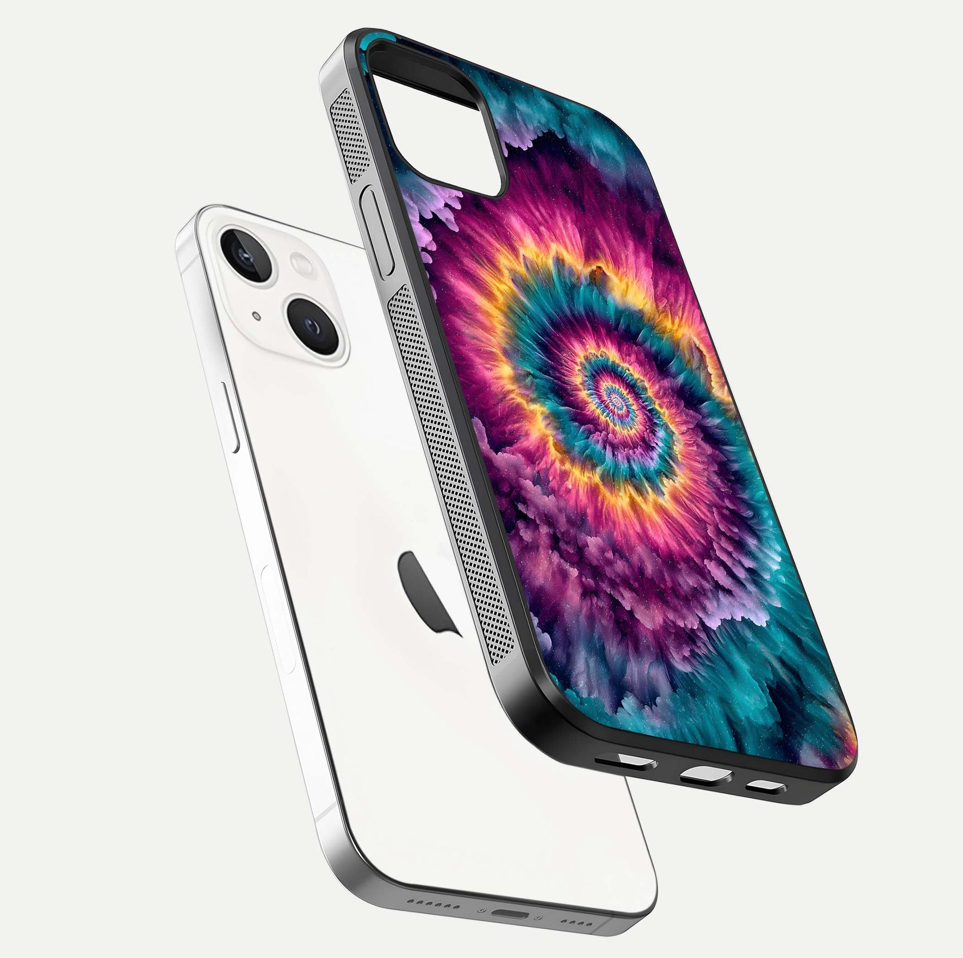 Galactic Spiral Burst Glass Case for iPhone 14 floating dual-view mockup displaying light trails and smooth gloss shine