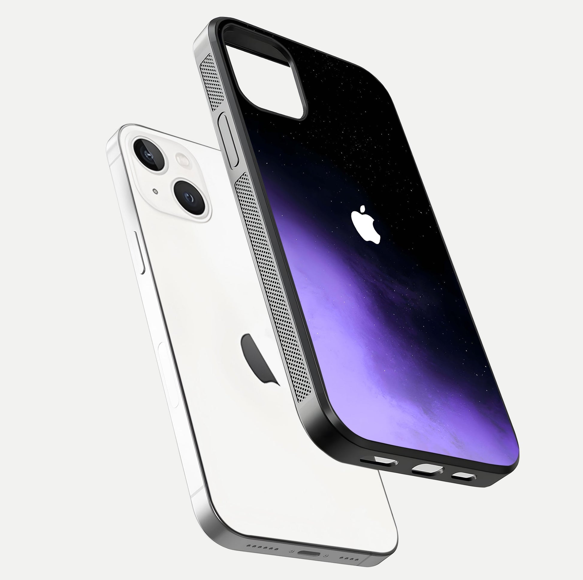 Galaxy Apple Aura Glass Case for iPhone 14 floating dual-view mockup highlighting HD gloss and deep space color blend