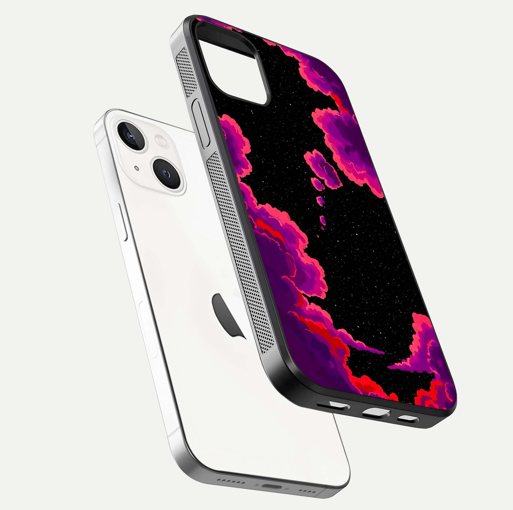 Galaxy Dream Frame Glass Case for iPhone 14 floating dual-view mockup showing vibrant gloss and space-themed tones