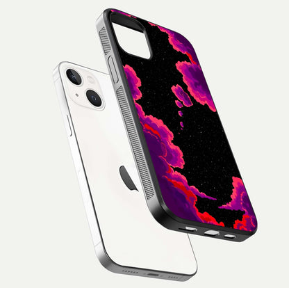 Galaxy Dream Frame Glass Case for iPhone 14 floating dual-view mockup showing vibrant gloss and space-themed tones