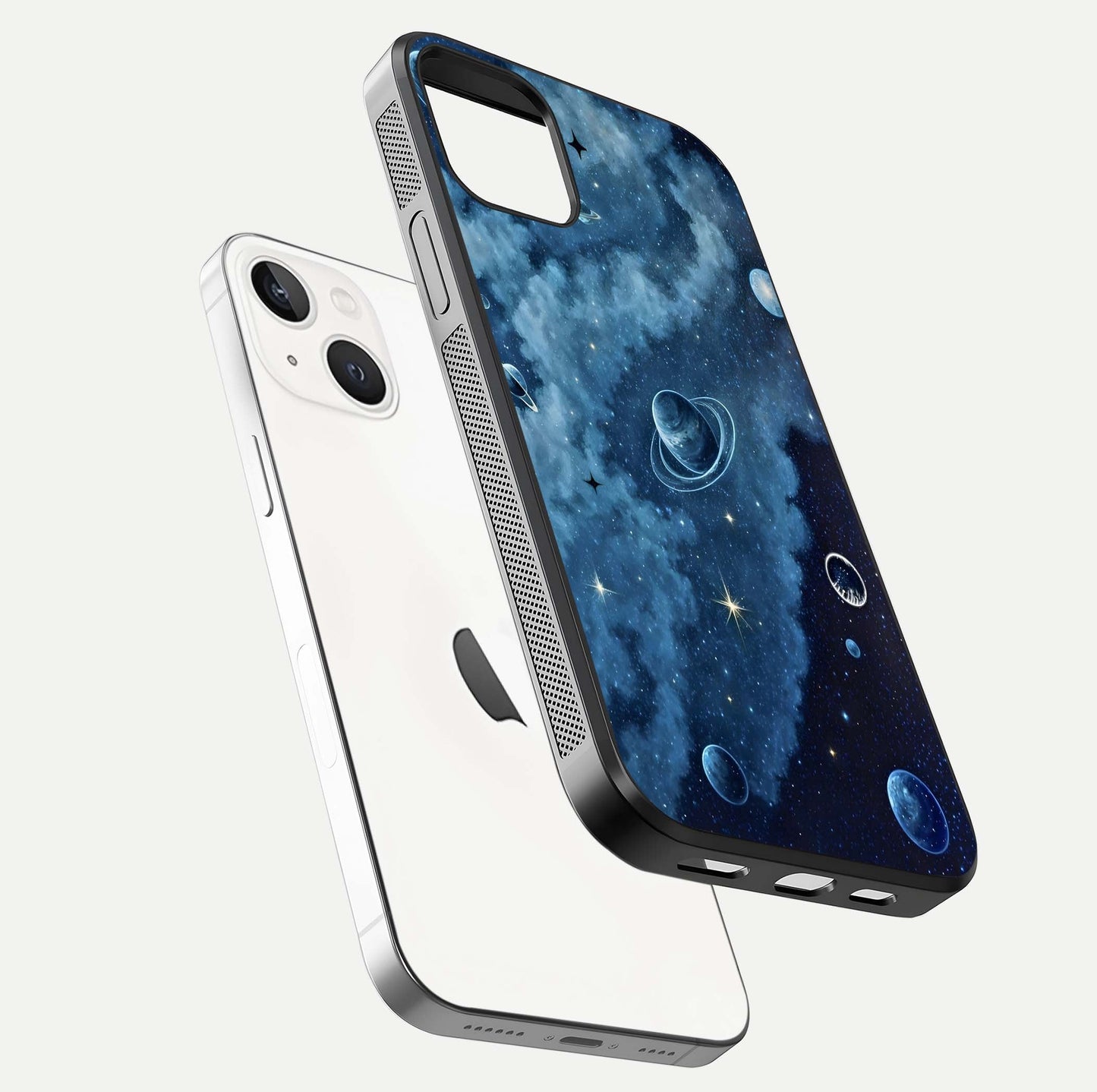 Galaxy Dream Space Glass Case for iPhone 14 floating dual-view mockup showing glossy finish and celestial depth