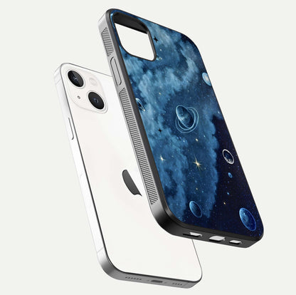 Galaxy Dream Space Glass Case for iPhone 14 floating dual-view mockup showing glossy finish and celestial depth