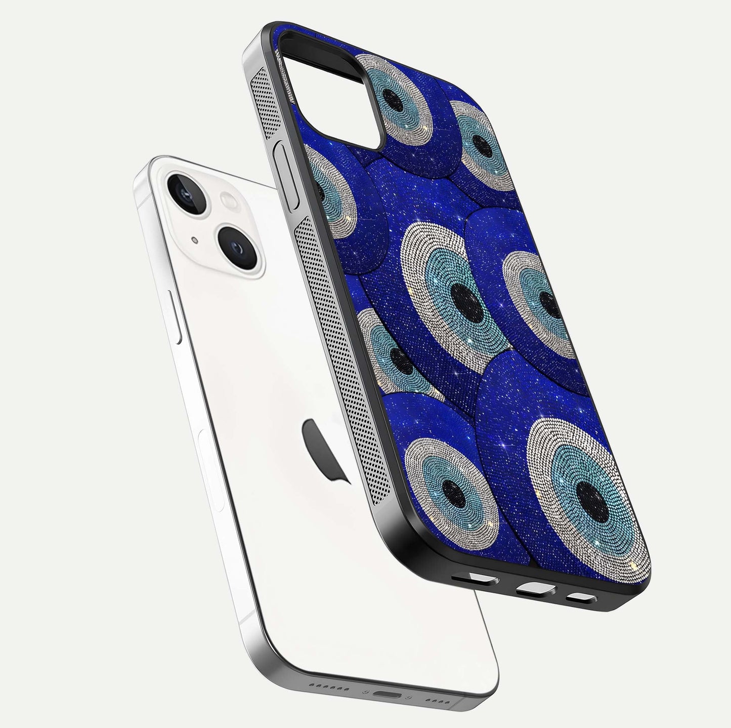 Galaxy Eye Flow Glass Case for iPhone 14 floating dual-view mockup showing gloss polish and glowing tones
