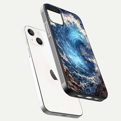 Giant Ocean Wave Glass Case for iPhone 14 floating dual-view mockup showing glossy depth and aquatic blue gradient