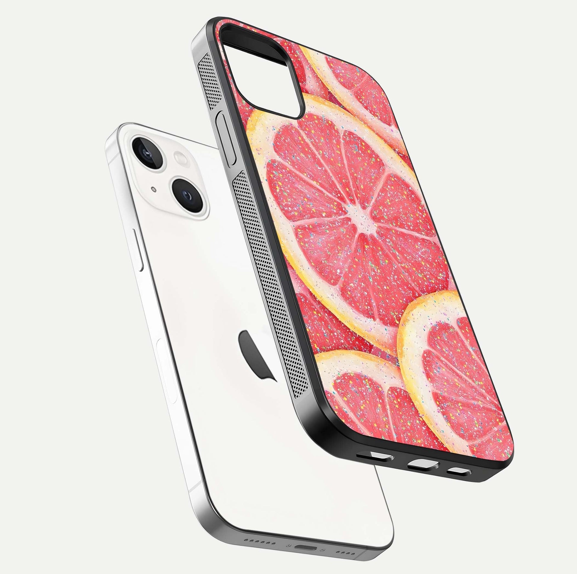 Glitter Grapefruit Glass Case for iPhone 14 floating dual-view mockup showing HD gloss and fresh color detail