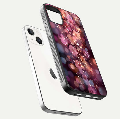 Glowing Petal Bliss Glass Case for iPhone 14 floating dual-view mockup showing gloss brightness and delicate tone