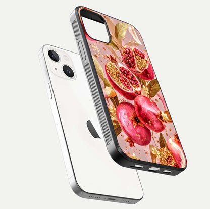 Golden Bloom Glow Glass Case for iPhone 14 floating dual-view mockup showing glossy shine and golden shimmer