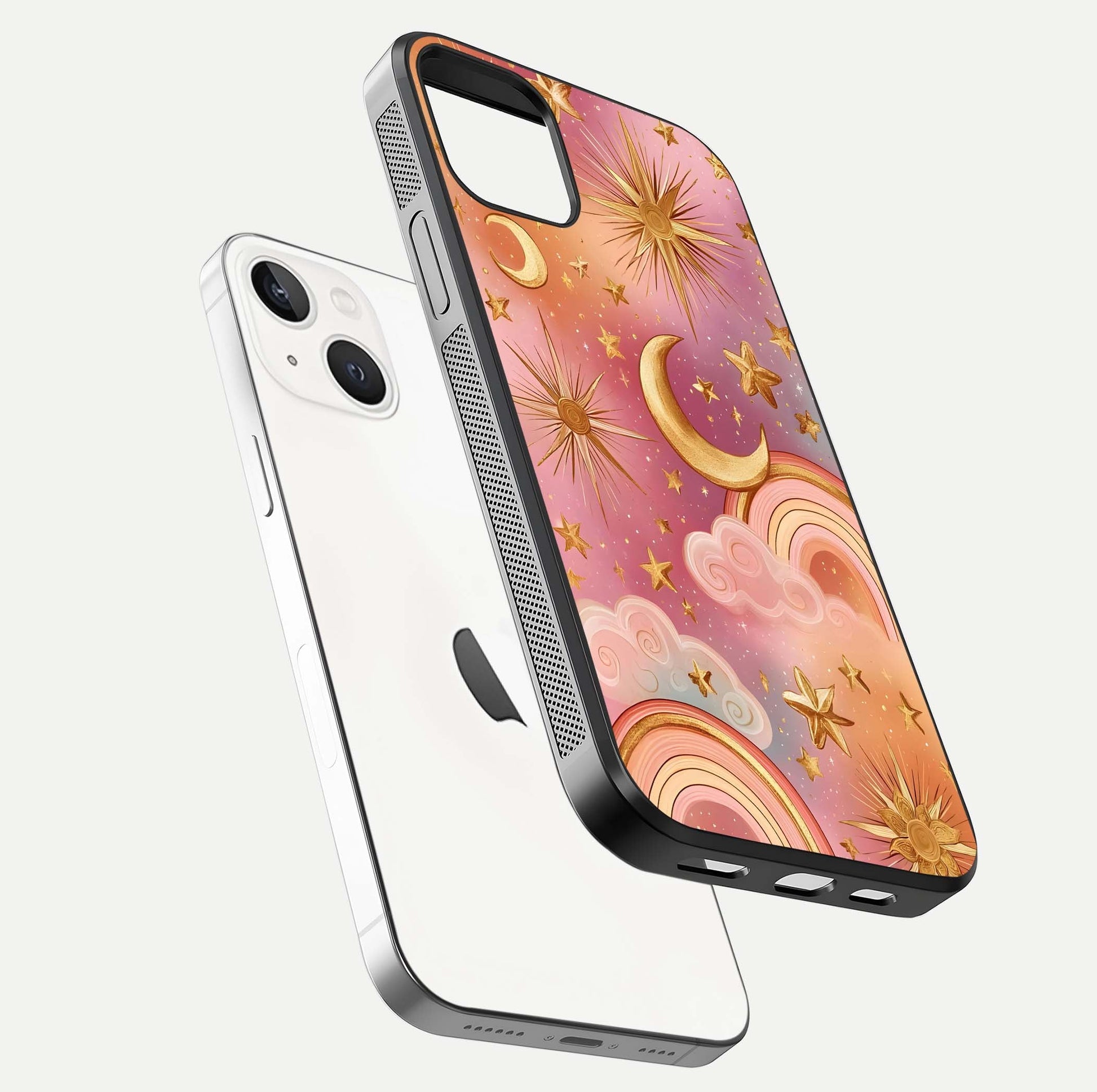 Golden Celestial Dreams Glass Case for iPhone 14 floating dual-view mockup showing gloss surface and dream-like glow