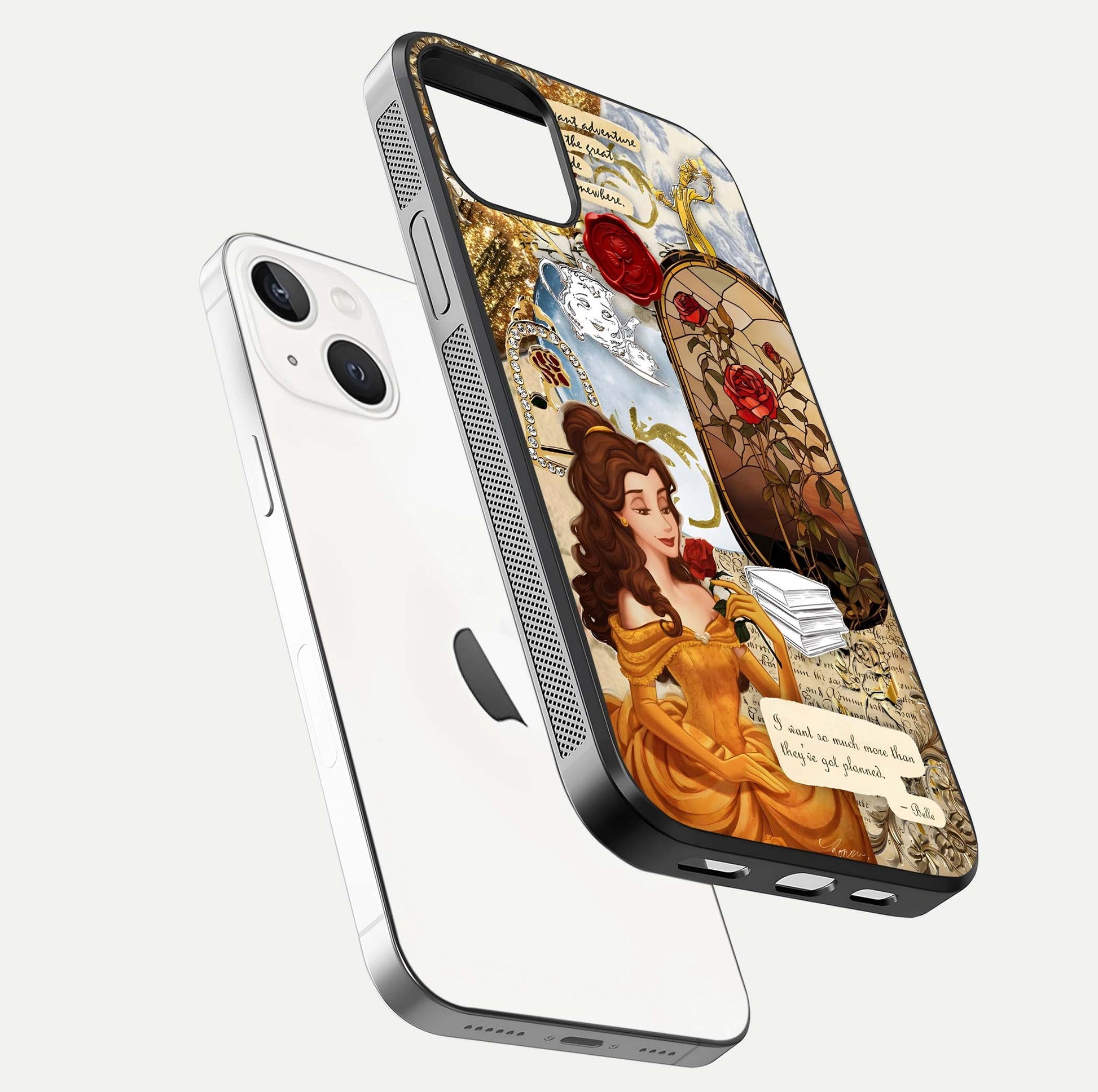 Golden Dream Belle Glass Case for iPhone 14 floating dual-view mockup highlighting gloss texture and elegant shimmer