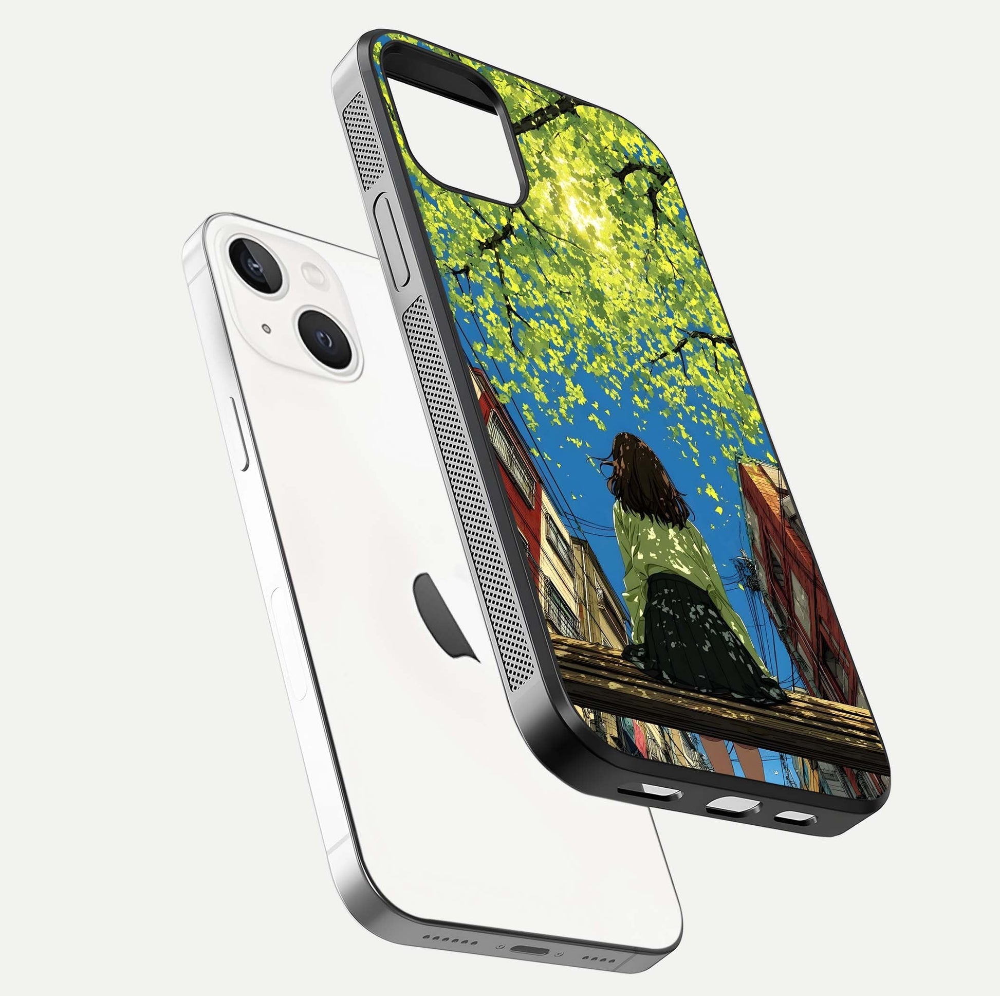 Golden Leaves Glow Glass Case for iPhone 14 floating dual-view mockup showing gloss depth and gold-leaf detail