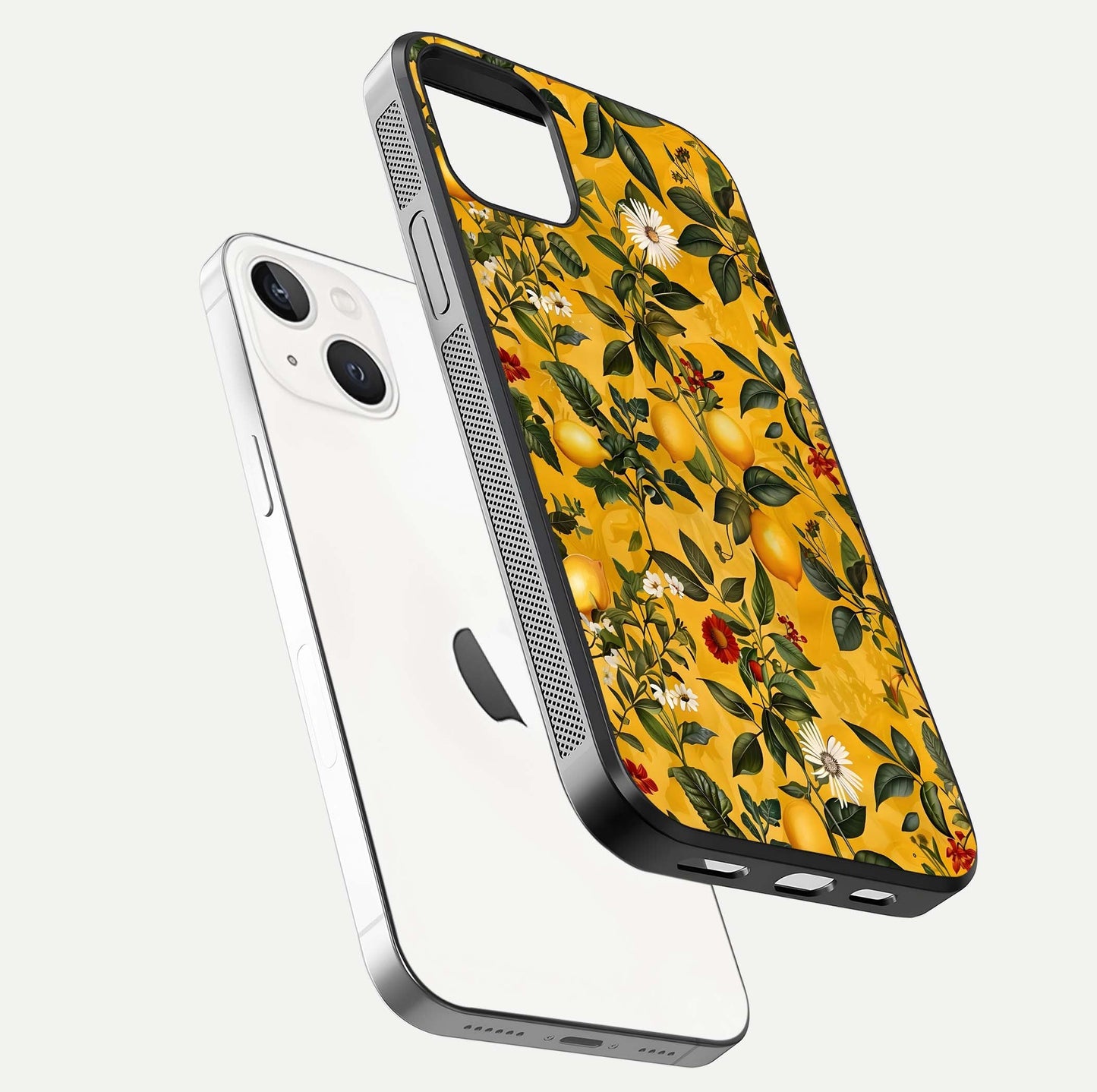 Golden Lemon Field Glass Case for iPhone 14 floating dual-view mockup showing gloss shine and yellow-gold palette