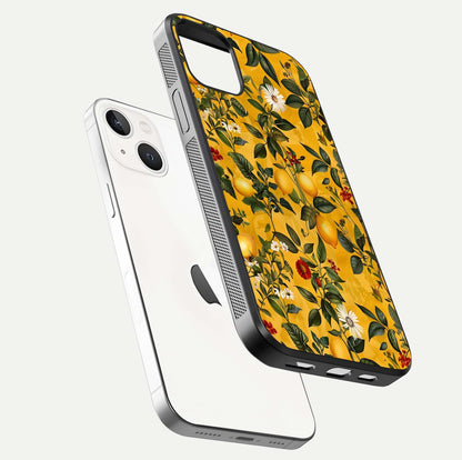Golden Lemon Field Glass Case for iPhone 14 floating dual-view mockup showing gloss shine and yellow-gold palette