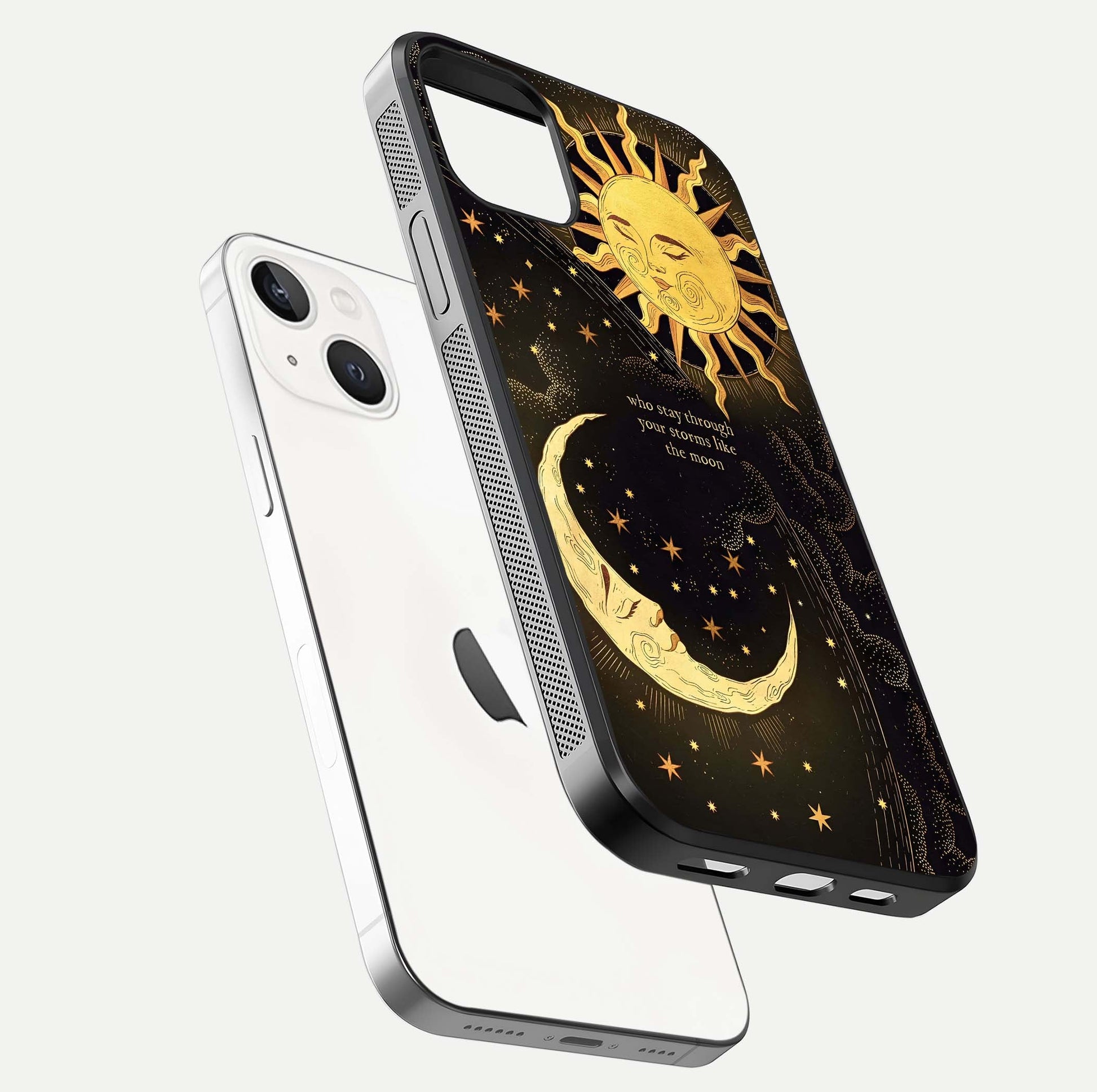 Golden Lunar Love Glass Case for iPhone 14 floating dual-view mockup showing glossy glow and romantic theme