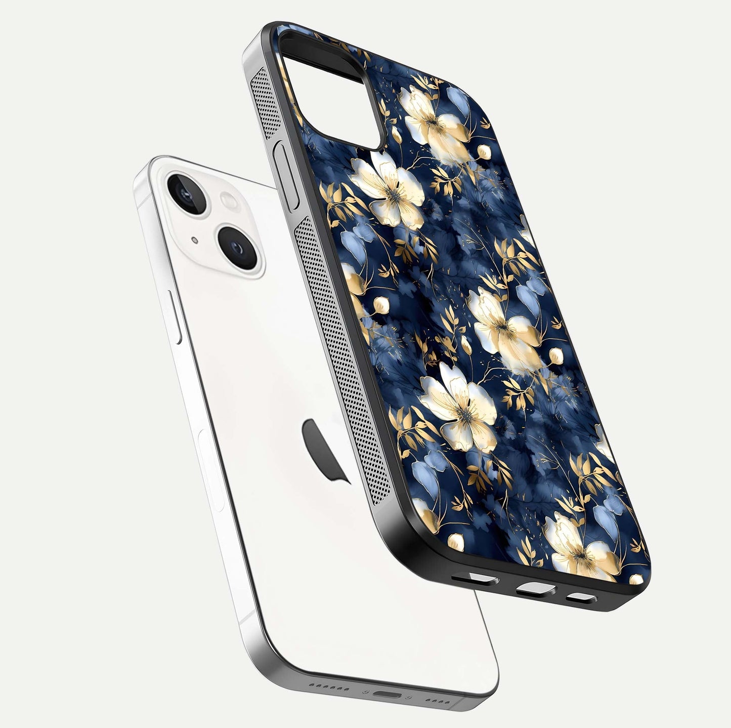 Golden Midnight Bloom Glass Case for iPhone 14 floating dual-view mockup showing gloss polish and metallic reflection
