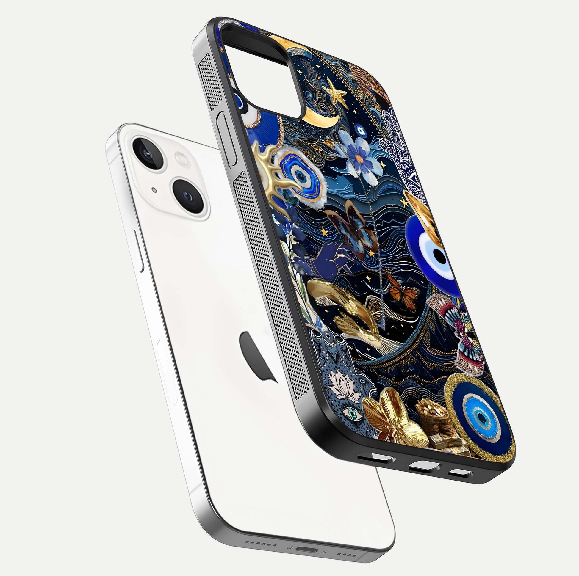Golden Moon Magic Glass Case for iPhone 14 floating dual-view mockup showing gloss texture and golden illumination