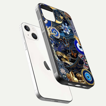 Golden Moon Magic Glass Case for iPhone 14 floating dual-view mockup showing gloss texture and golden illumination