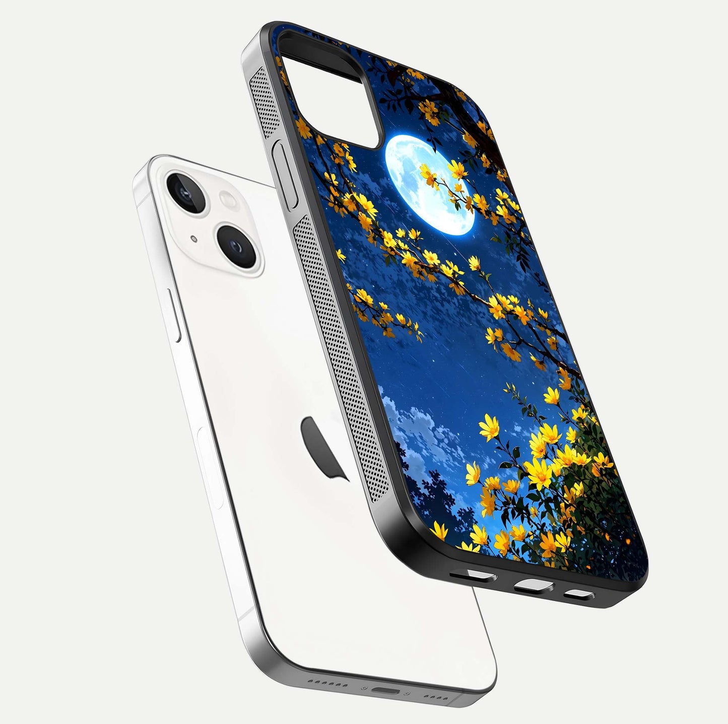 Golden Night Glow Glass Case for iPhone 14 floating dual-view mockup showing gloss polish and luxury shine