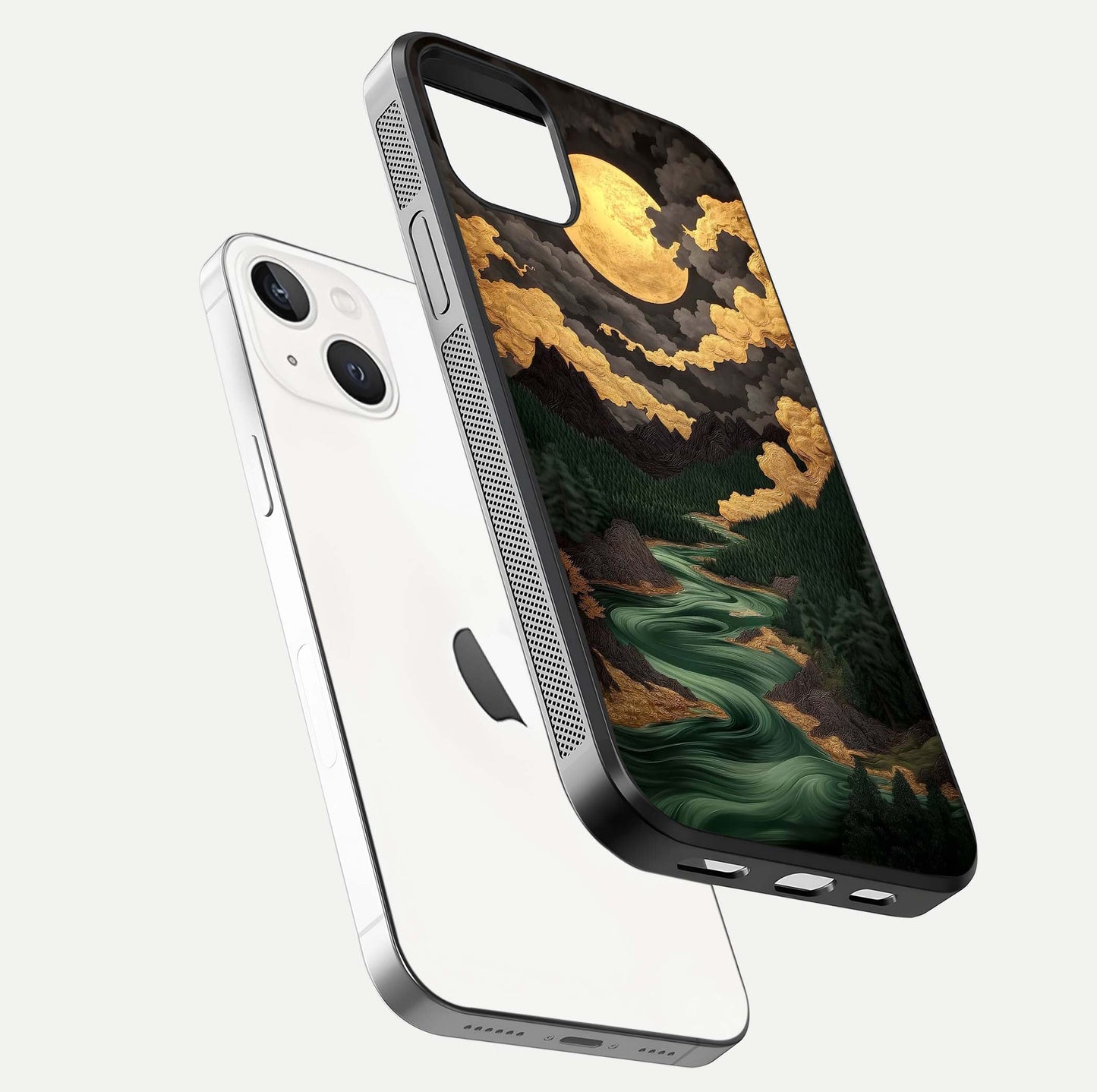Golden River Moon Glass Case for iPhone 14 floating dual-view mockup showing gloss surface and luxury tone