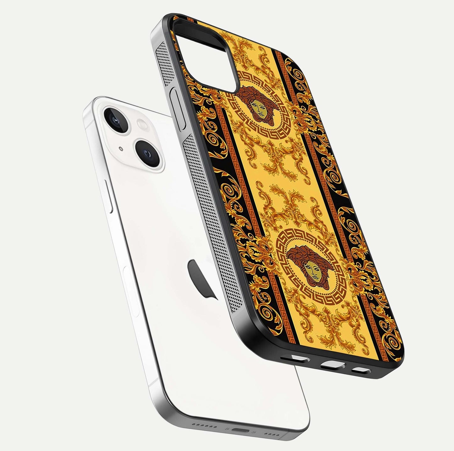 Golden Royal Heritage Glass Case for iPhone 14 floating dual-view mockup showing glossy surface and rich regal tone