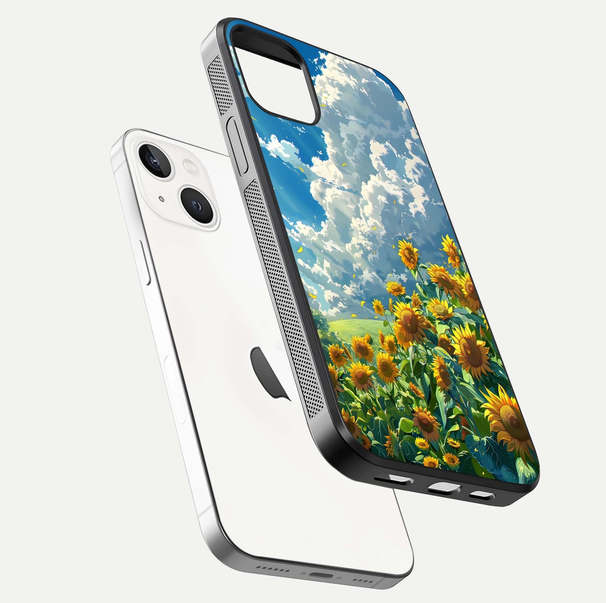Golden Sun Glory Glass Case for iPhone 14 floating dual-view mockup showing gloss shine and premium surface