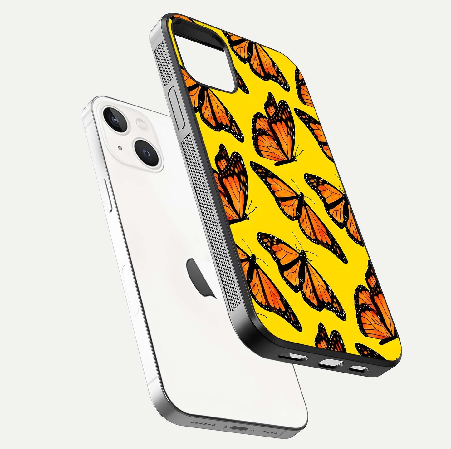 Golden Wing Flight Glass Case for iPhone 14 floating dual-view mockup showing gloss reflection and luxury tone