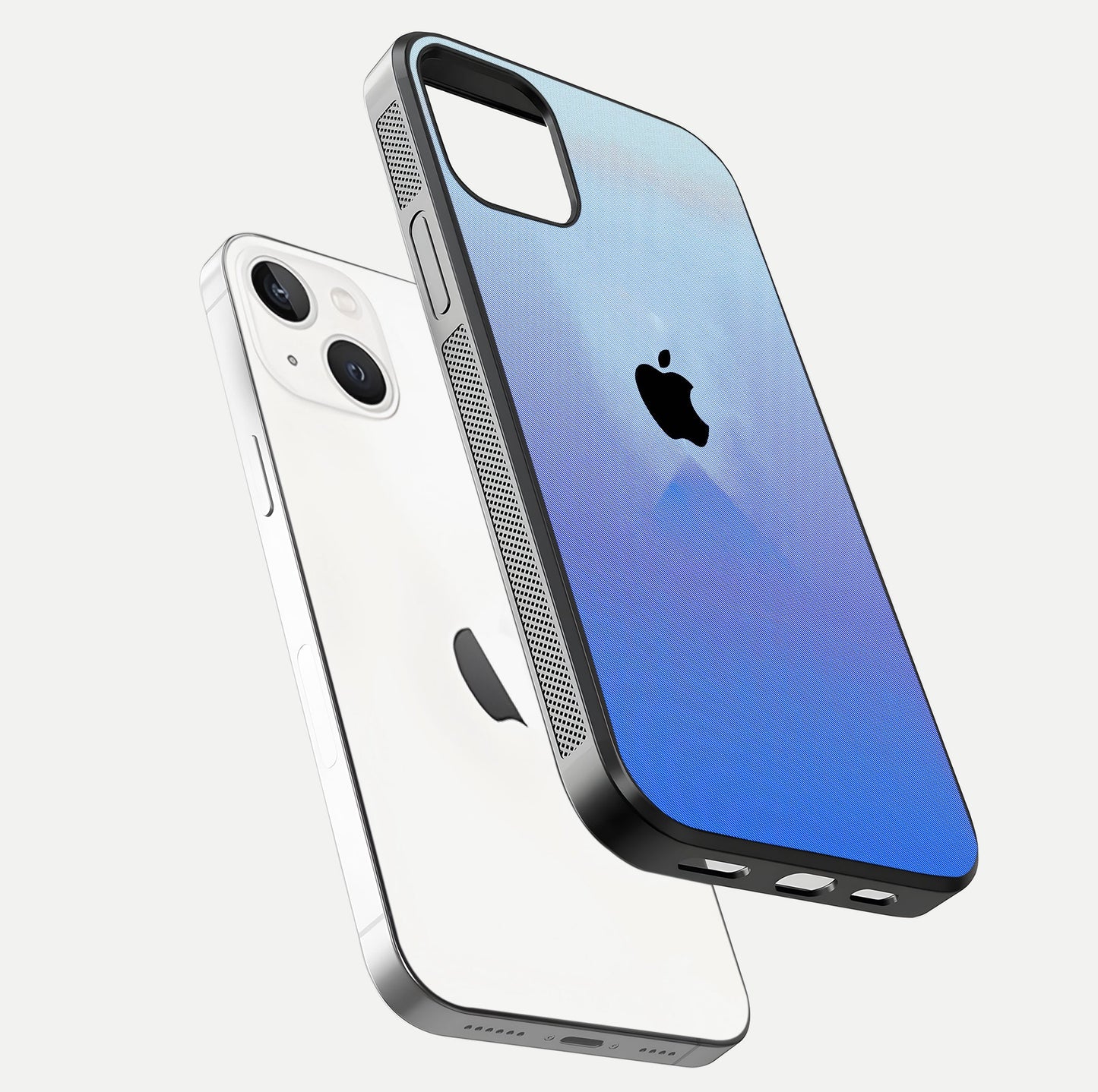 Gradient Apple Vibe Glass Case for iPhone 14 floating dual-view mockup showing gloss polish and gradient blend