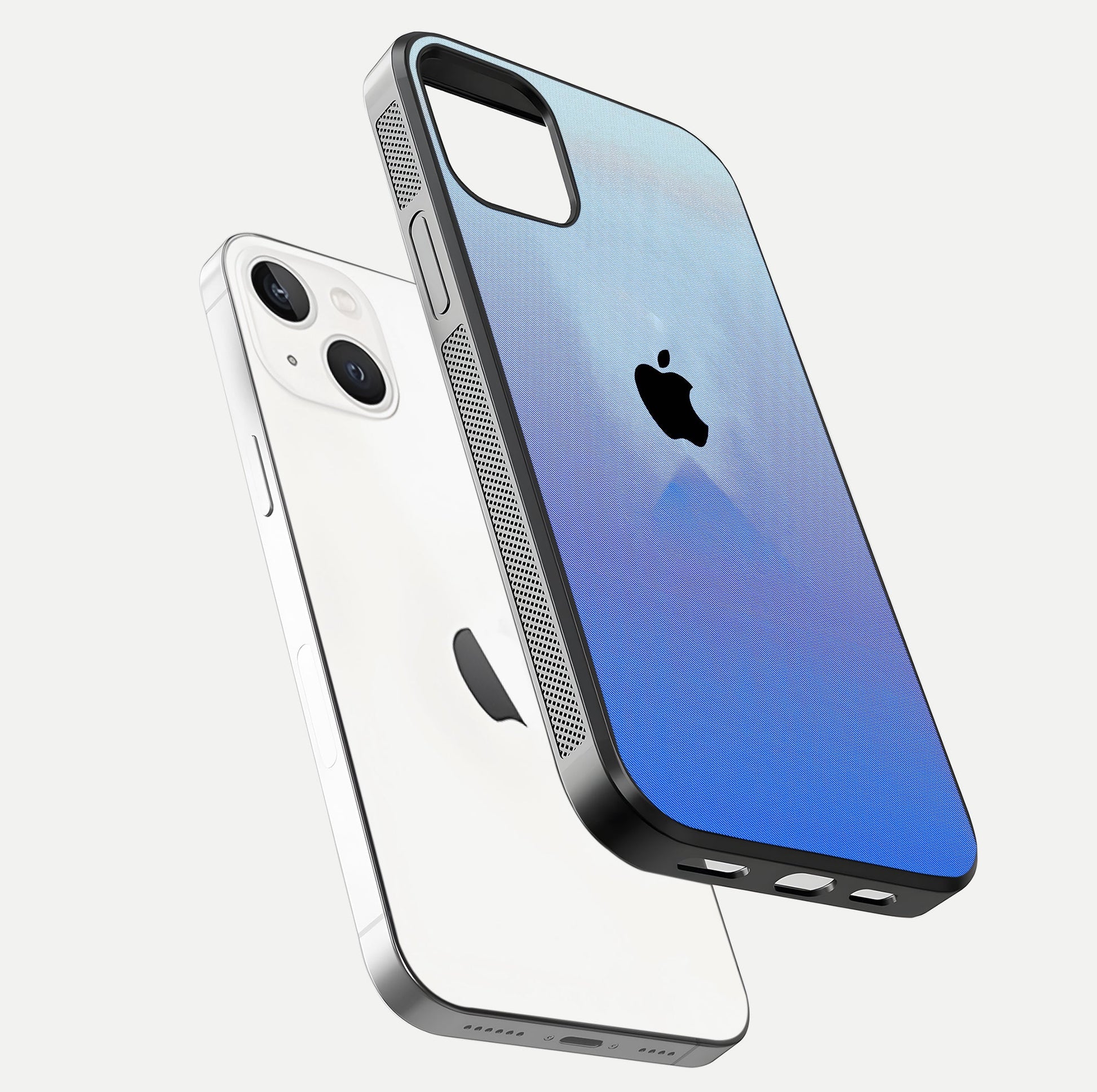 Gradient Apple Vibe Glass Case for iPhone 14 floating dual-view mockup showing gloss polish and gradient blend