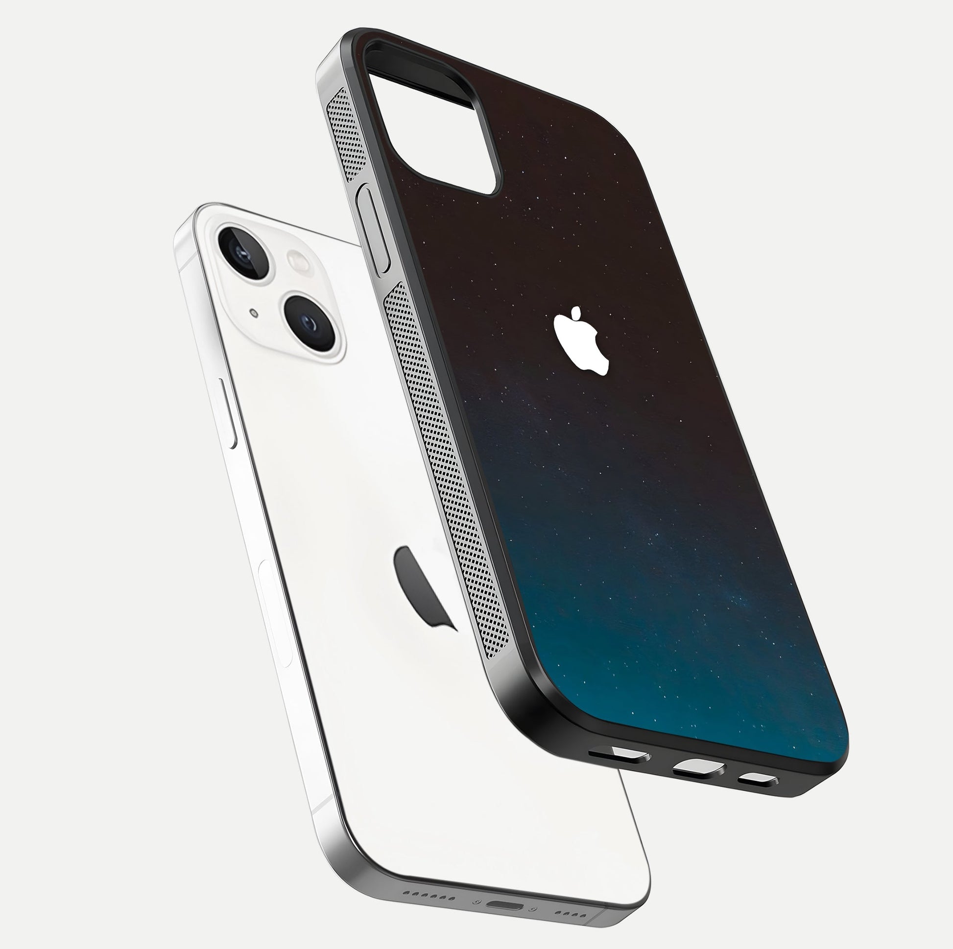 Green Emerald Apple Logo Glass Case for iPhone 14 floating dual-view mockup showing glossy shine and premium color tone