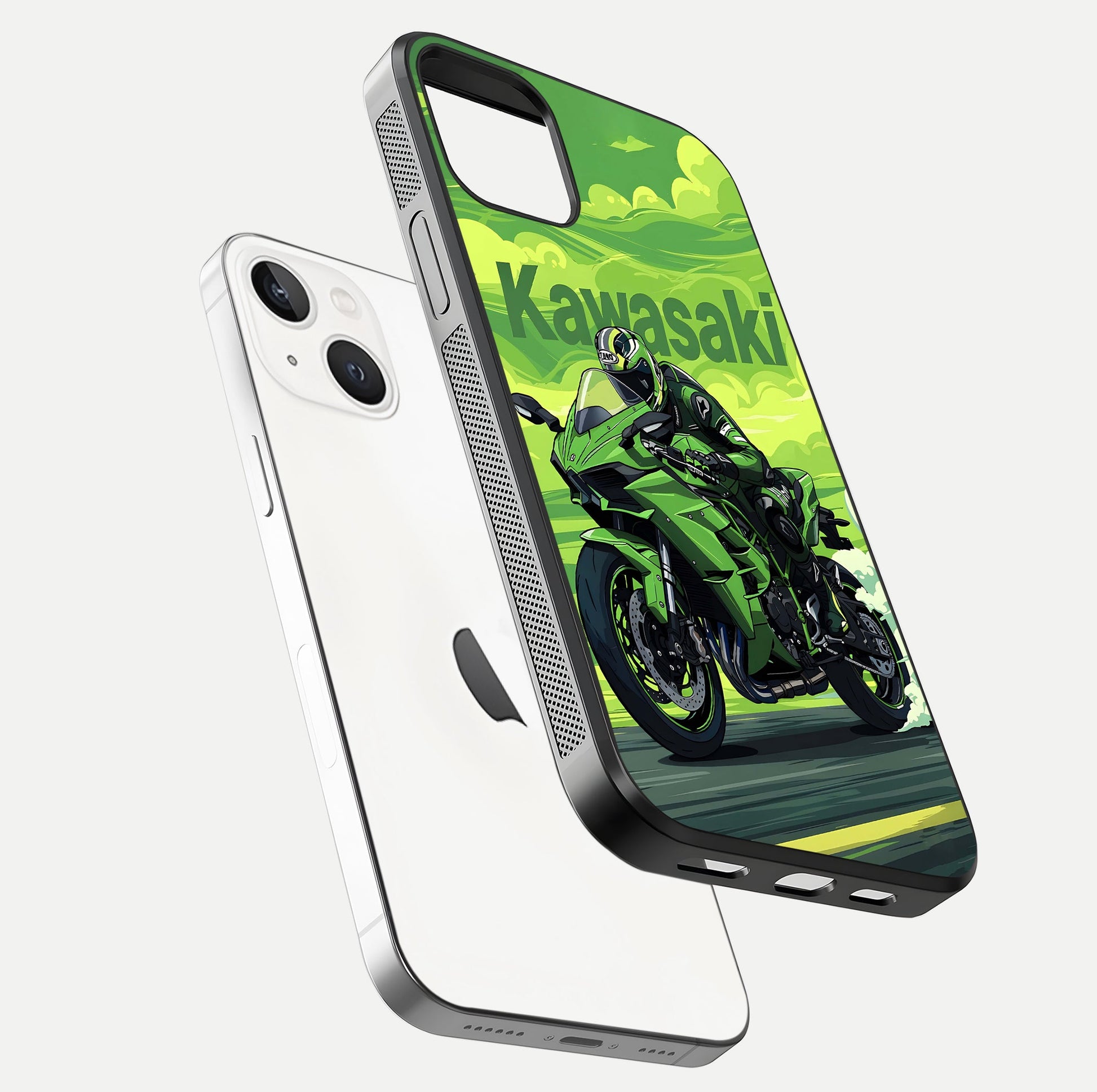 Green Kawasaki Glass Case for iPhone 14 floating dual-view mockup showing gloss surface and power-bike theme