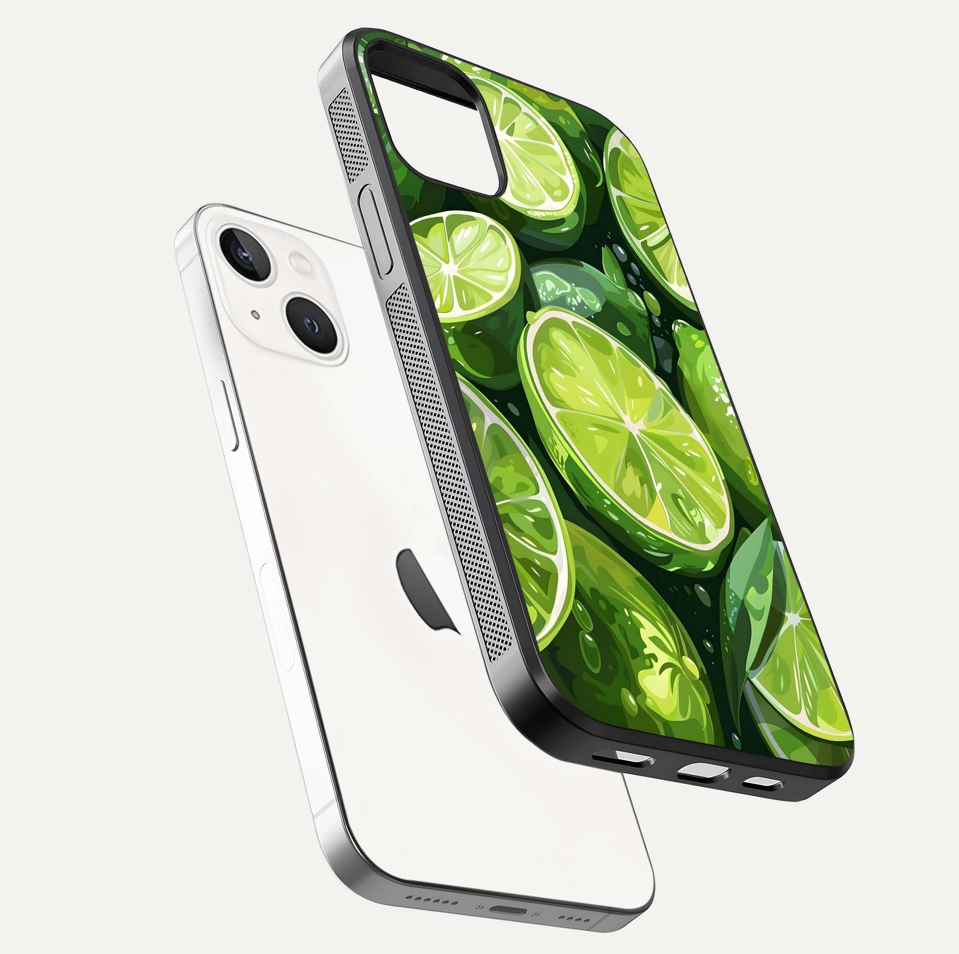 Green Lemon Glass Case for iPhone 14 floating dual-view mockup showing glossy surface and fruity freshness