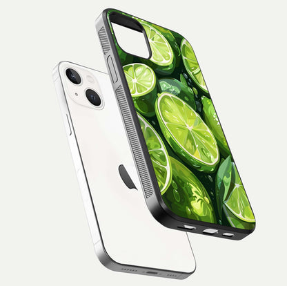Green Lemon Glass Case for iPhone 14 floating dual-view mockup showing glossy surface and fruity freshness