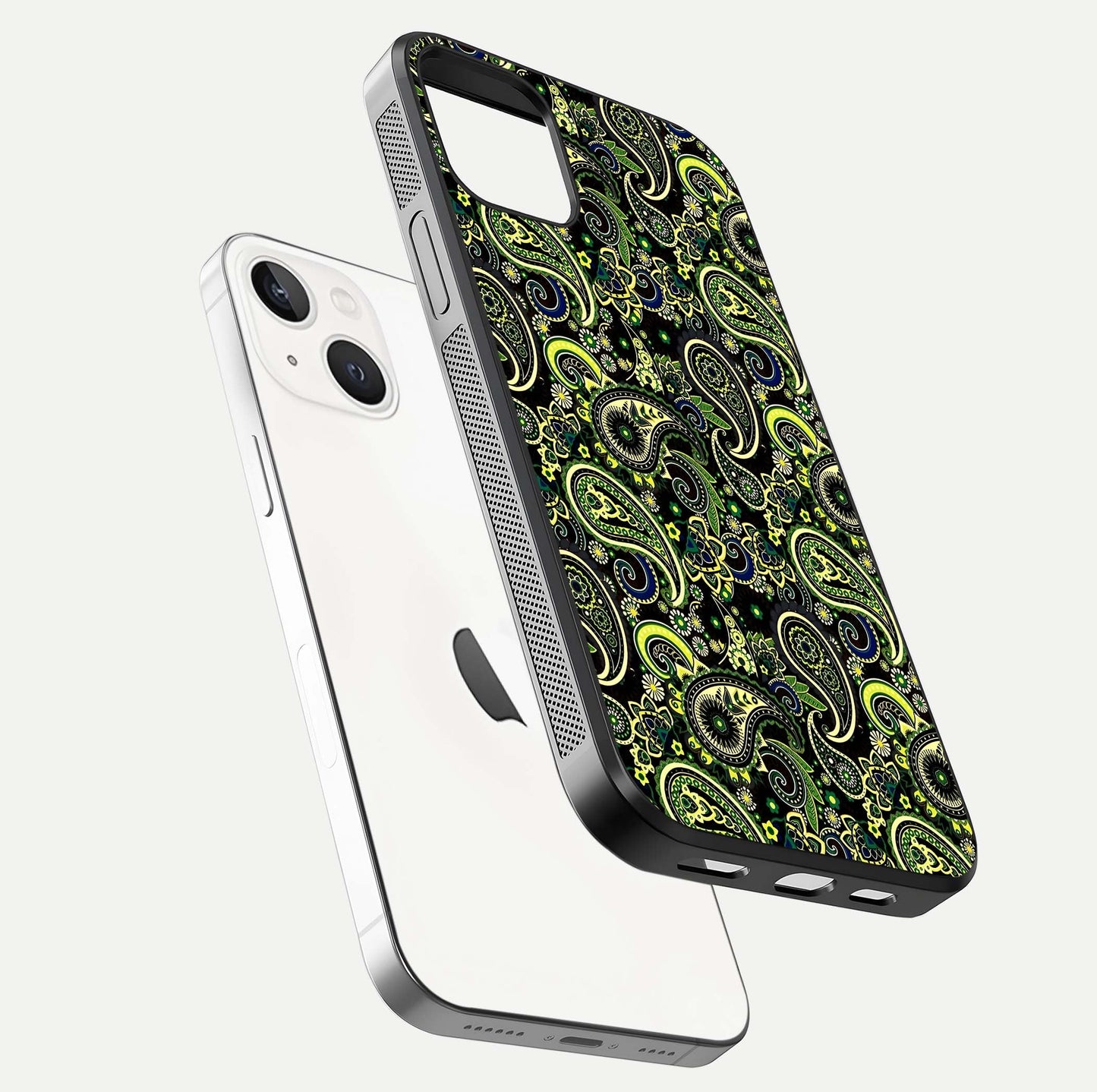 Green Mandala Pattern Glass Case for iPhone 14 floating dual-view mockup showing gloss texture and symmetry shine