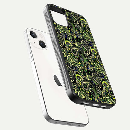Green Mandala Pattern Glass Case for iPhone 14 floating dual-view mockup showing gloss texture and symmetry shine