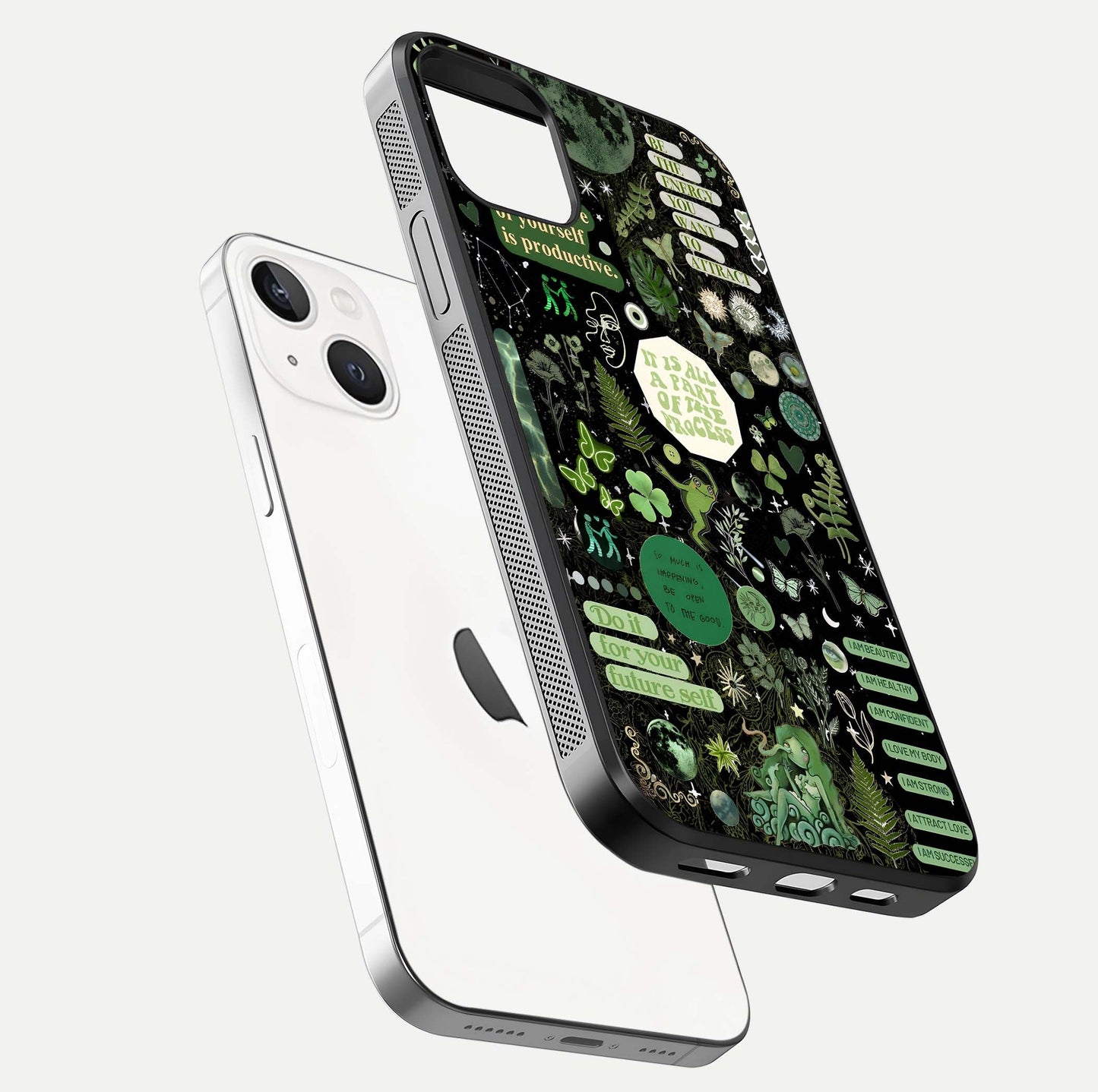 Green Moon Energy Glass Case for iPhone 14 floating dual-view mockup showing glossy texture and energy aura