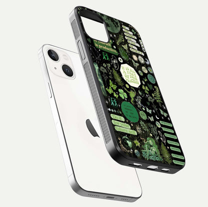 Green Moon Energy Glass Case for iPhone 14 floating dual-view mockup showing glossy texture and energy aura