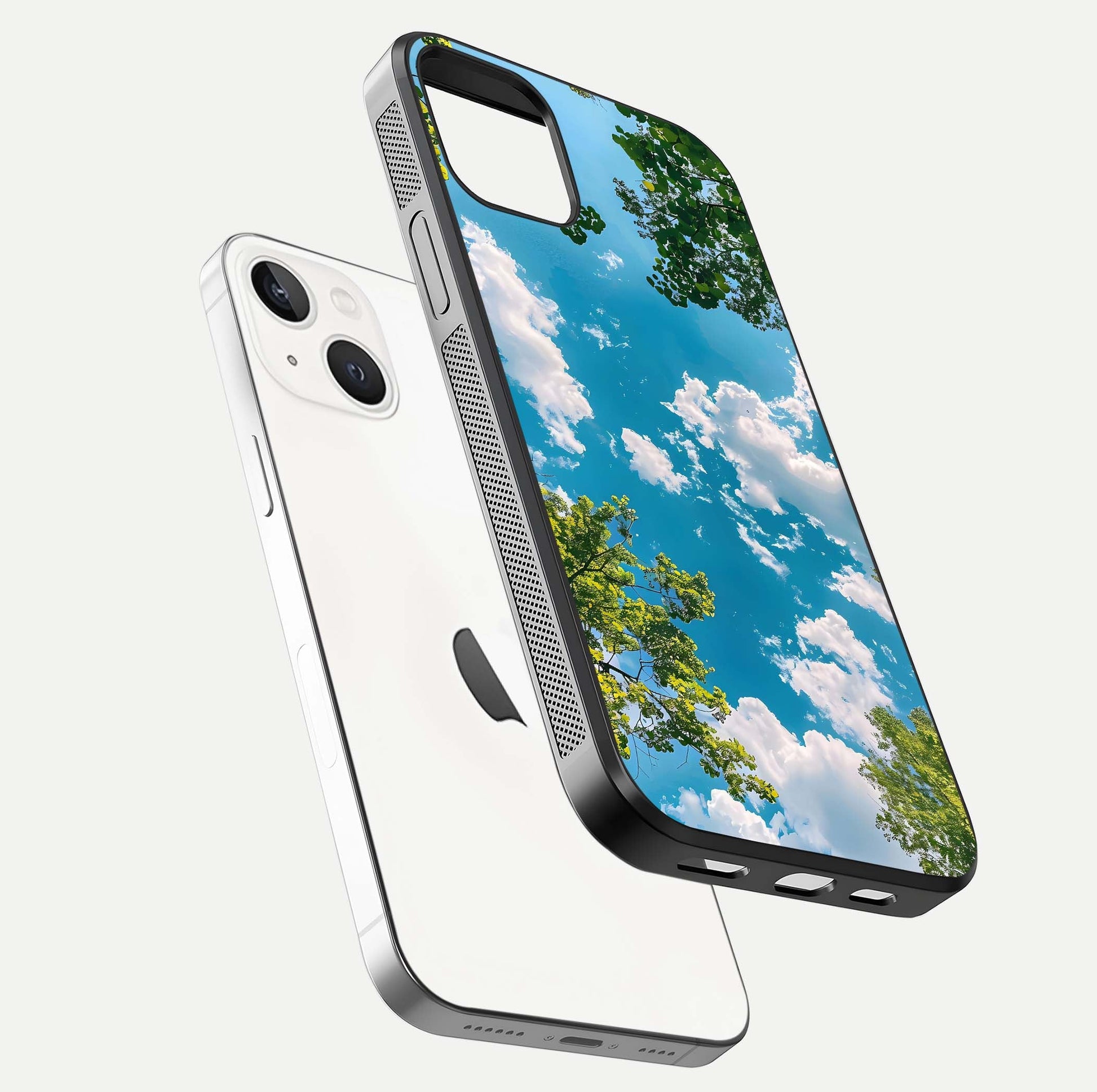 Greenery Sky Glass Case for iPhone 14 floating dual-view mockup showing glossy shine and soft natural tones