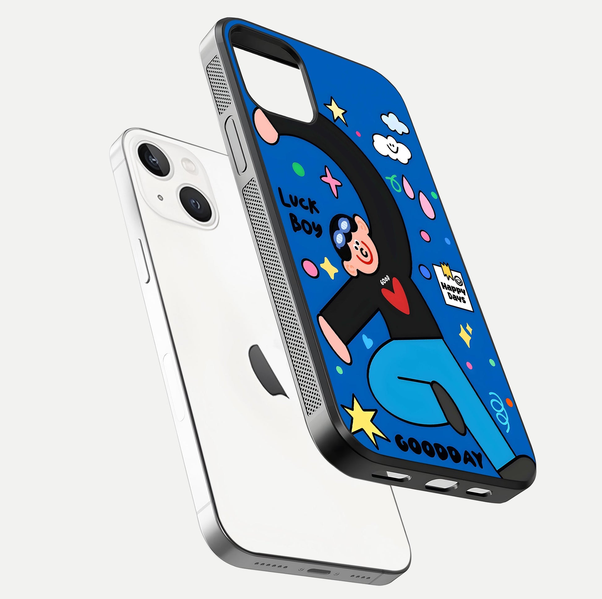 Happy Luck Vibe Glass Case for iPhone 14 floating dual-view mockup showing glossy tone and bright finish