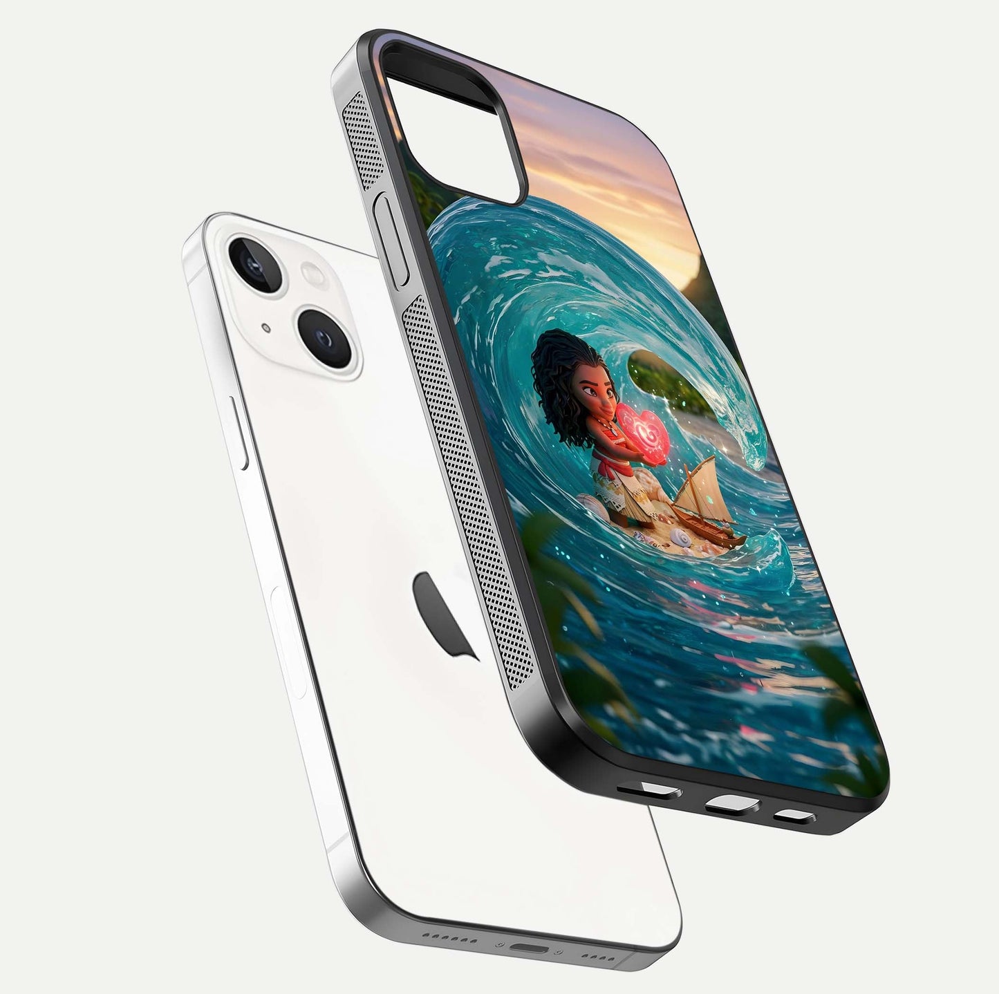 Heart of Ocean Glass Case for iPhone 14 floating dual-view mockup showing gloss surface and aquatic design