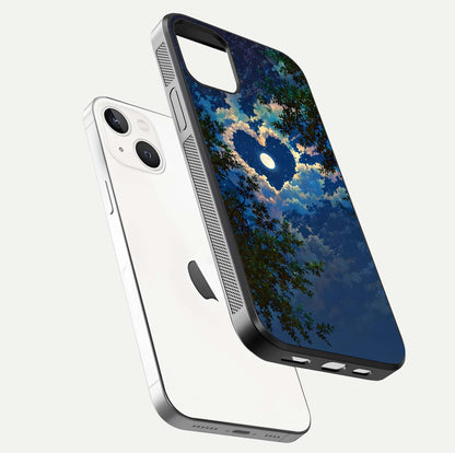 Heart with Moon Sky Glass Case for iPhone 14 floating dual-view mockup showing gloss texture and romantic sky glow