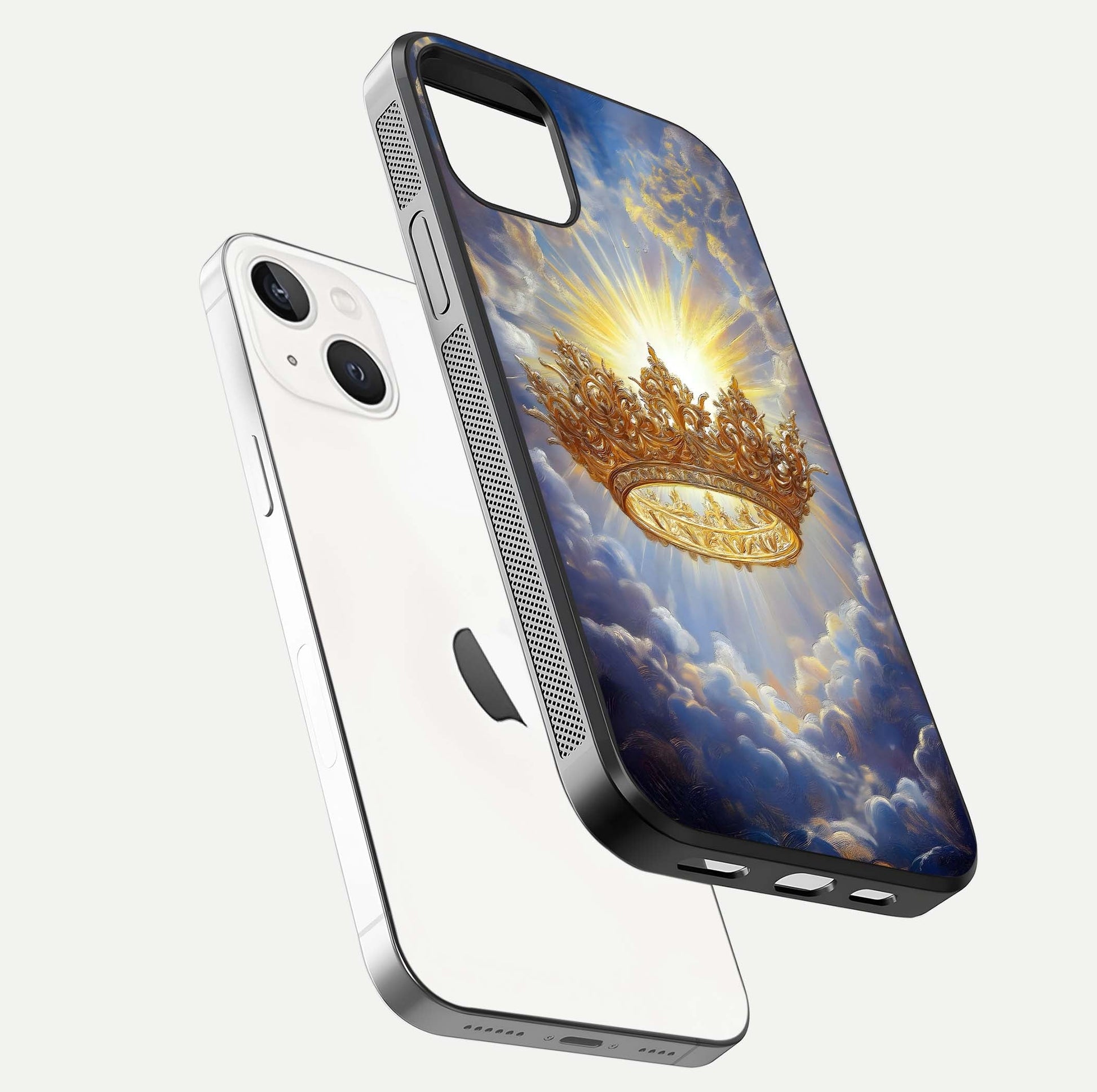 Heavenly Crown Light Glass Case for iPhone 14 floating dual-view mockup showing gloss shine and luminous crown texture