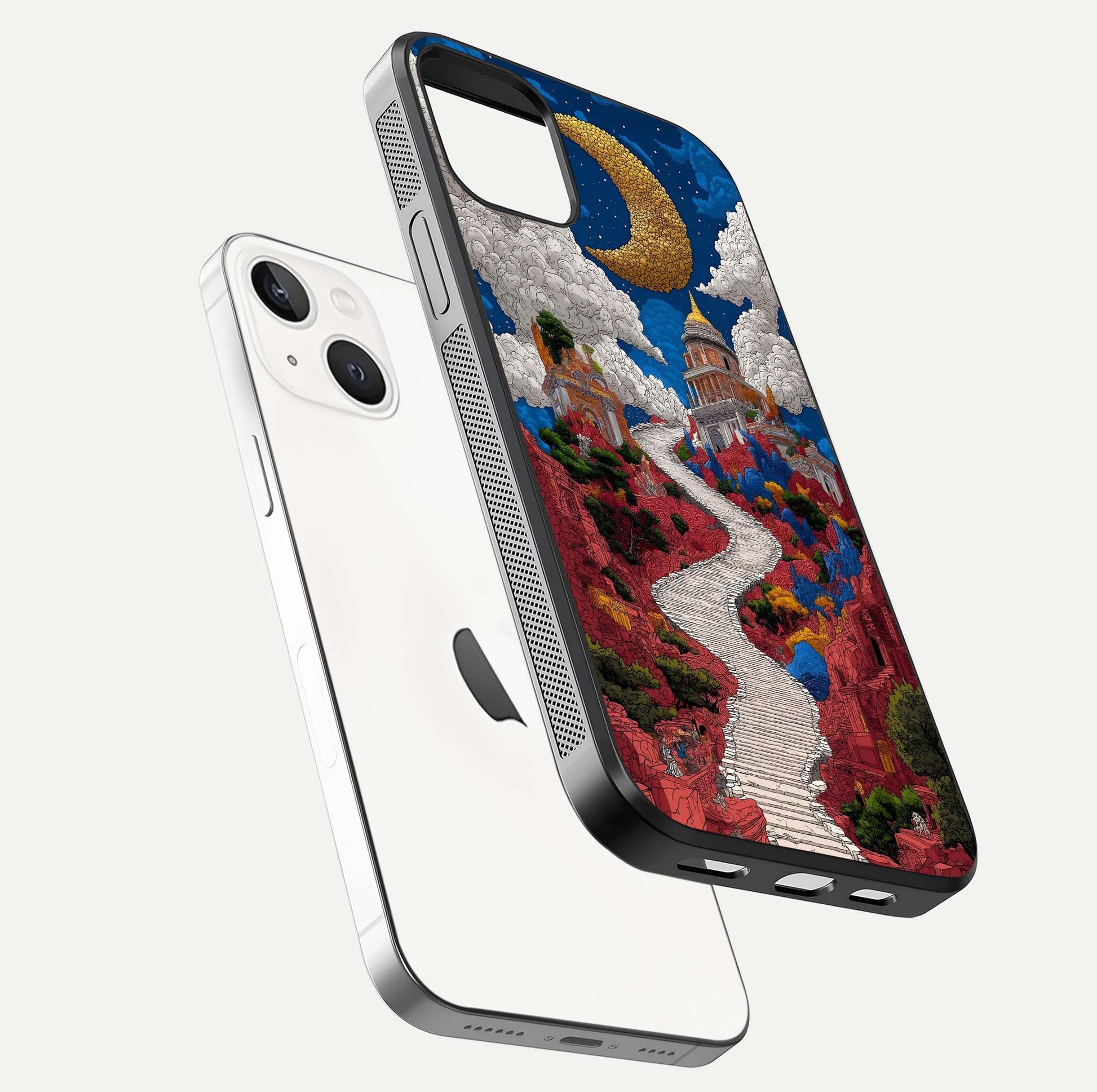 Heavenly Moon Path Glass Case for iPhone 14 floating dual-view mockup showing gloss surface and celestial pathway