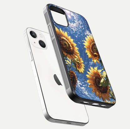 Heavenly Sunflower Rise Glass Case for iPhone 14 floating dual-view mockup showing gloss brightness and morning-light feel