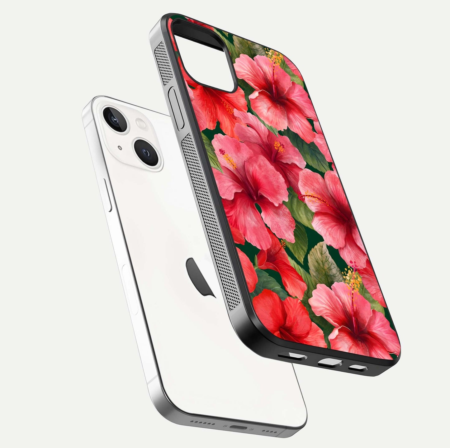 Hibiscus Pattern Glass Case for iPhone 14 floating dual-view mockup showing glossy texture and vivid color depth