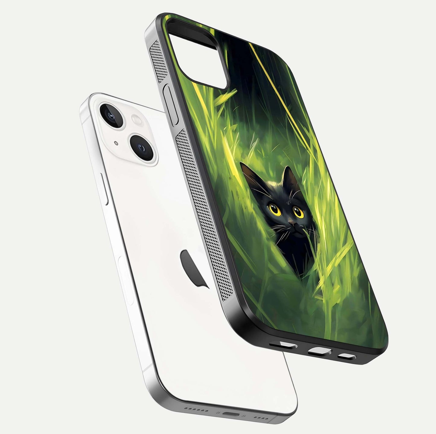 Hidden Cat Whisper Glass Case for iPhone 14 floating dual-view mockup showing glossy tone and elegant cat silhouette