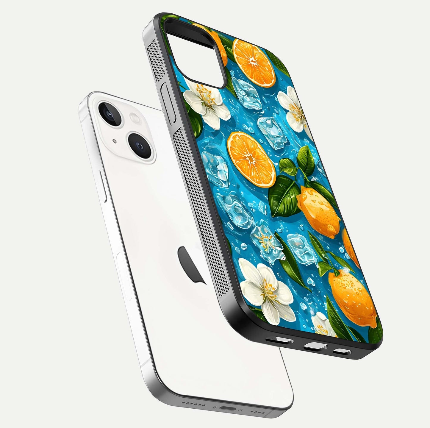 Ice Cube With Orange Glass Case for iPhone 14 floating dual-view mockup showing glossy shine and cool refreshing tone